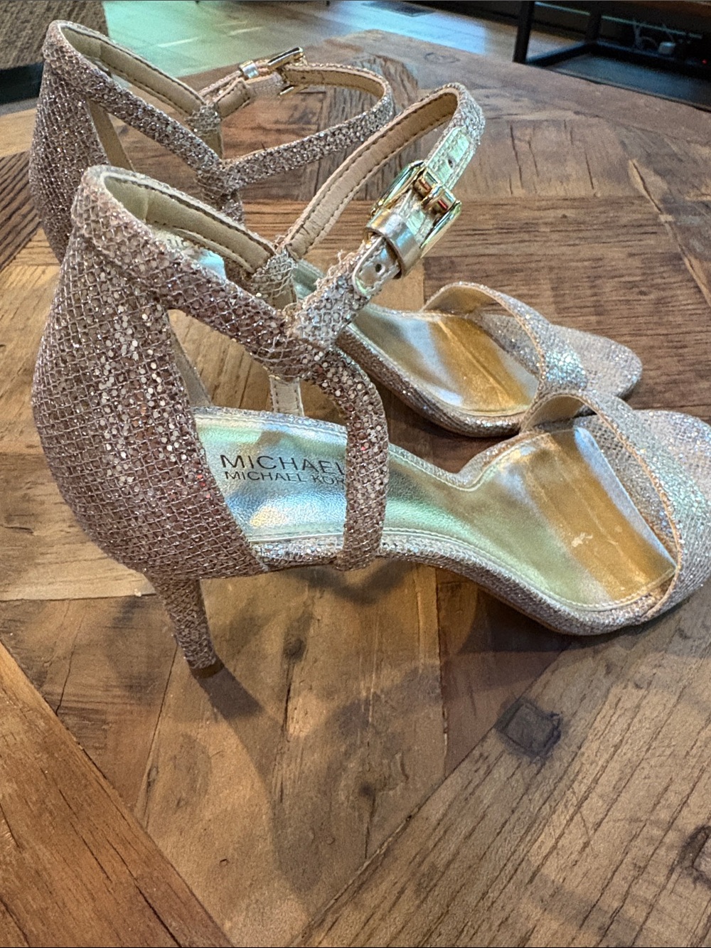 MICHAEL Michael Kors Glittery Silver Gold Simone Mid Strappy High Heels